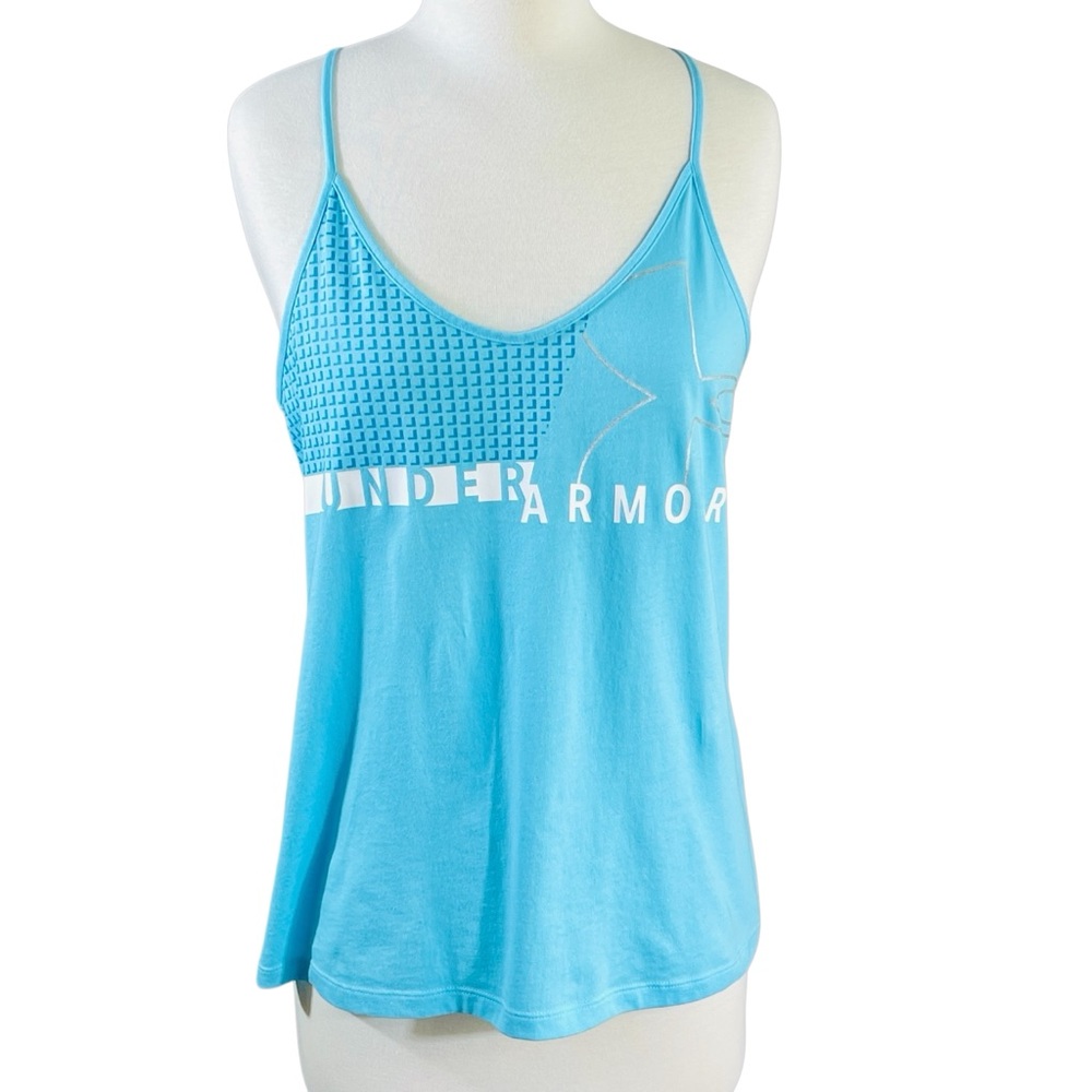 Under Armour Heat Gear Racer Back Loose Fit Blue Logo Tank Size Medium